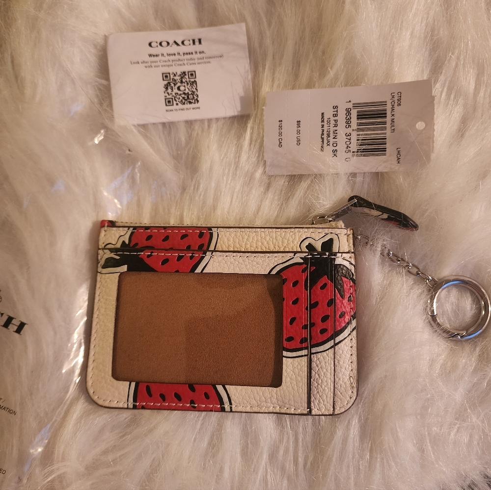 New Coach Skinny Mini Id Card Case Strawberry Leather Retail - Picture 3 of 3